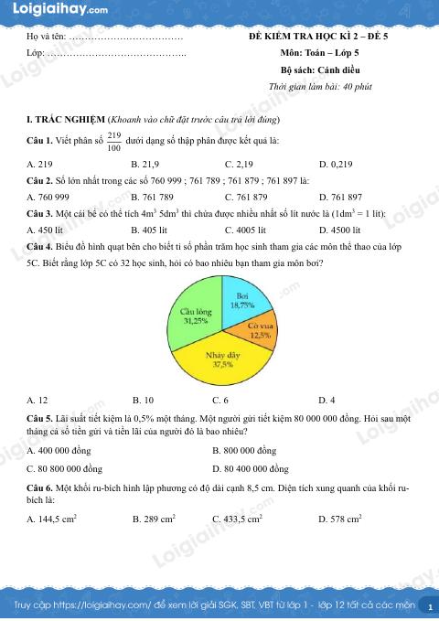 Đề kiểm tra học kì 2 Toán 5 Cánh diều - Đề số 5